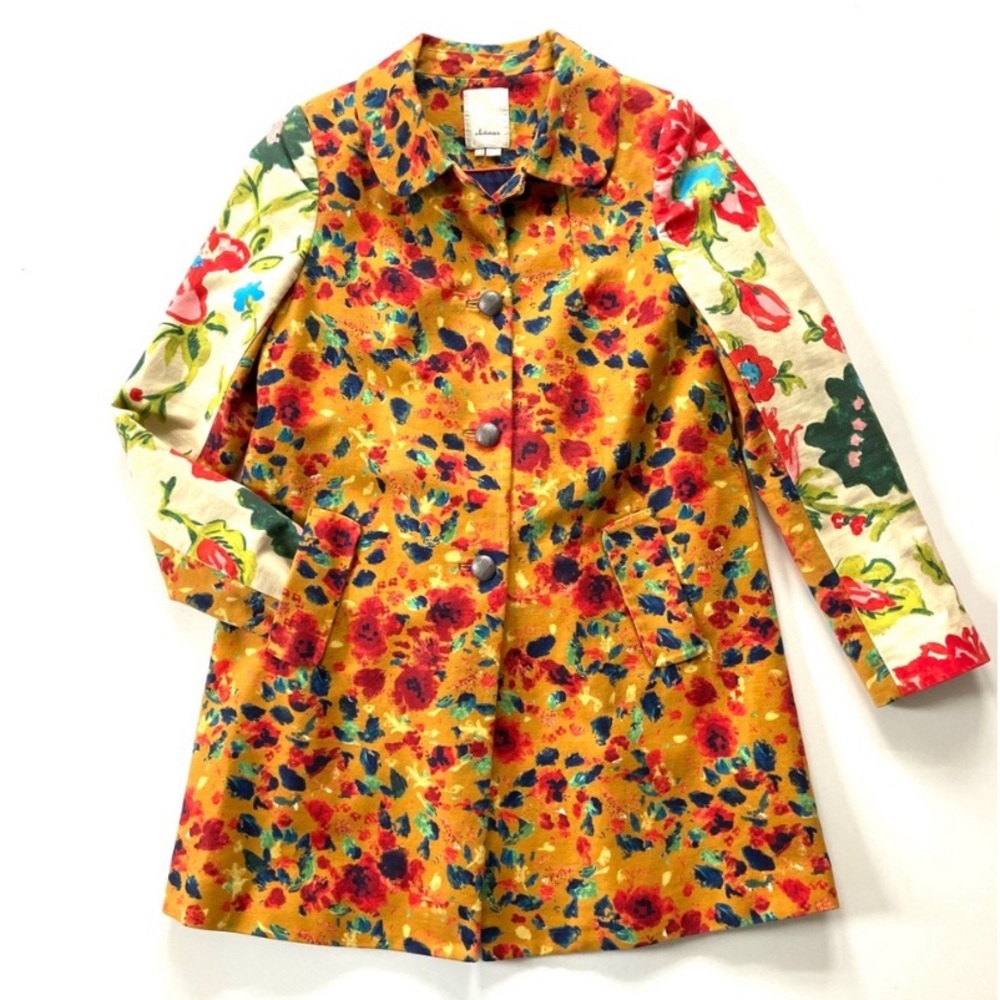 Anthropologie Elevenses Long Button Floral Printed Leopardlily Jacket Coat